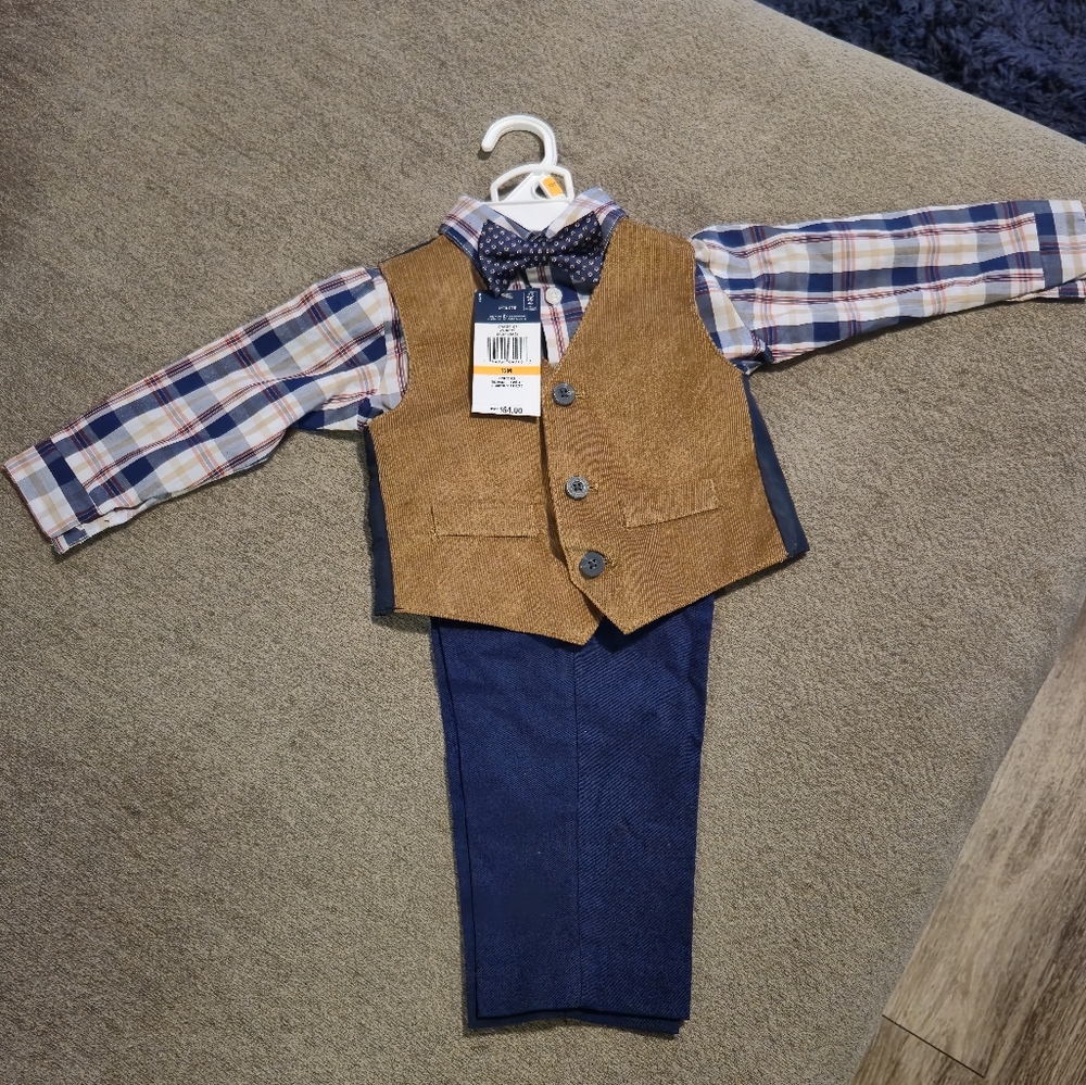Izod Boys' Tan Vest with Plaid Shirt and Navy Bow Tie